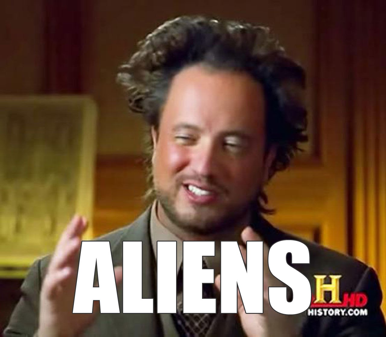The meme features a still image of Giorgio "Gi" from the TV show "Ancient Aliens" with a puzzled expression. The image is captioned "ALIENS" in large, bold font, implying that Gi is responding to a question about the existence of extraterrestrial life. The tone is humorous and sarcastic, suggesting that Gi is being facetious about the topic.